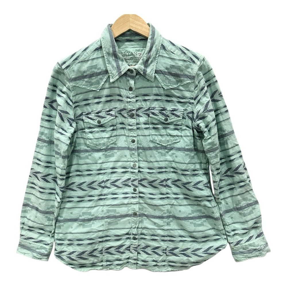 Ryan Michael Western Shirt L Mint Green Aztec Stripe Snap Up Southwest Cowgirl